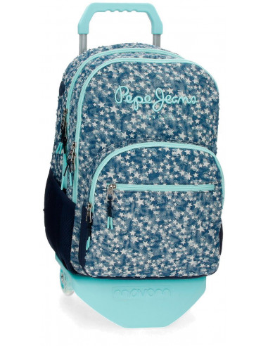 MOCHILA ADAP. 44CM. 2C. C/CARRO PJL DENIM STAR AZUL